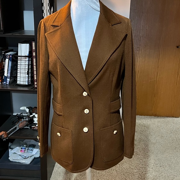 Butte Knit Jackets & Blazers - Vintage 1960s Butte Knit Brown Polyester Blazer with Nautical Buttons